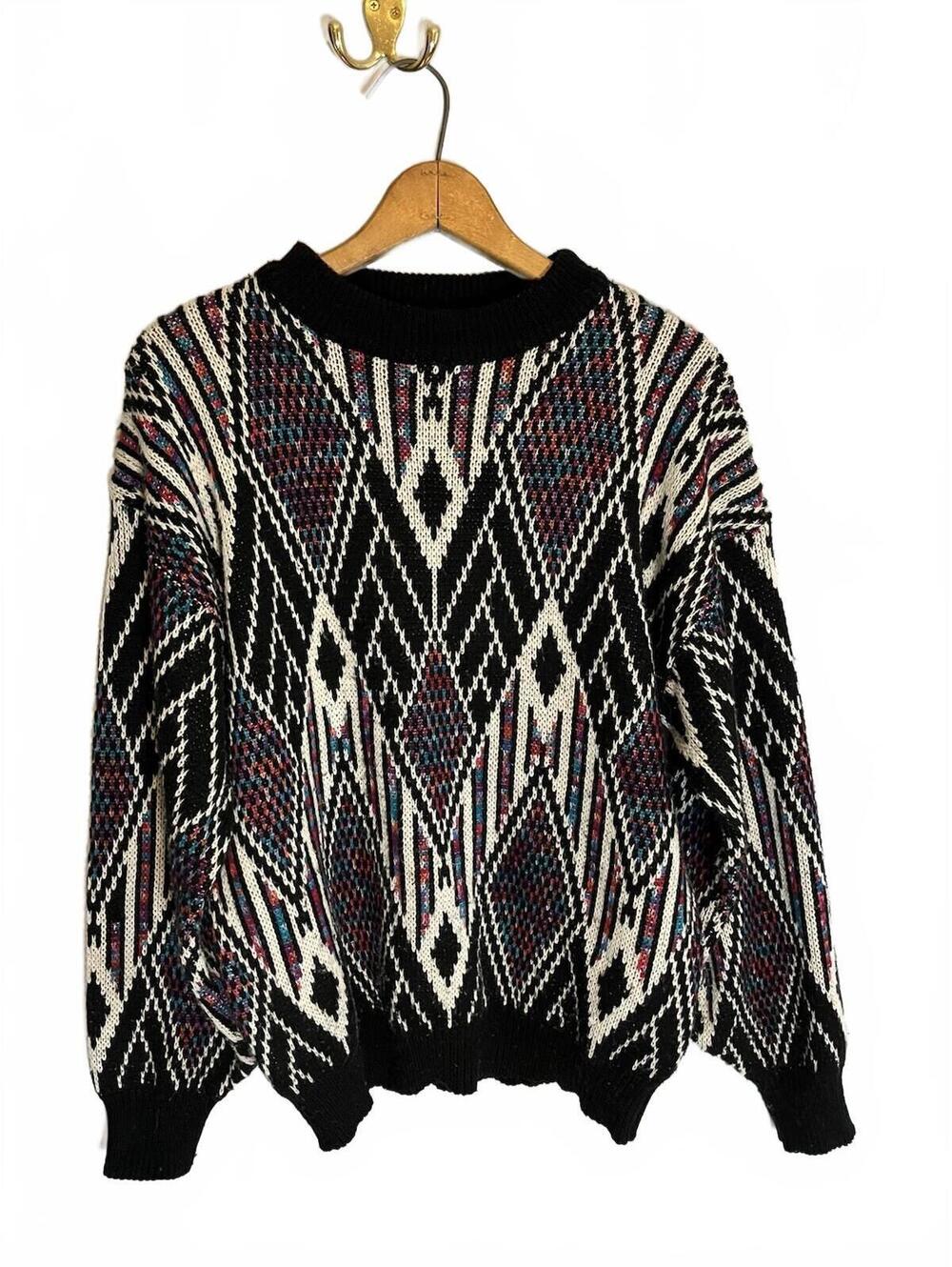 Vintage 80s Black White Pink Bright Colors Geometric Sweater M Mock Neck